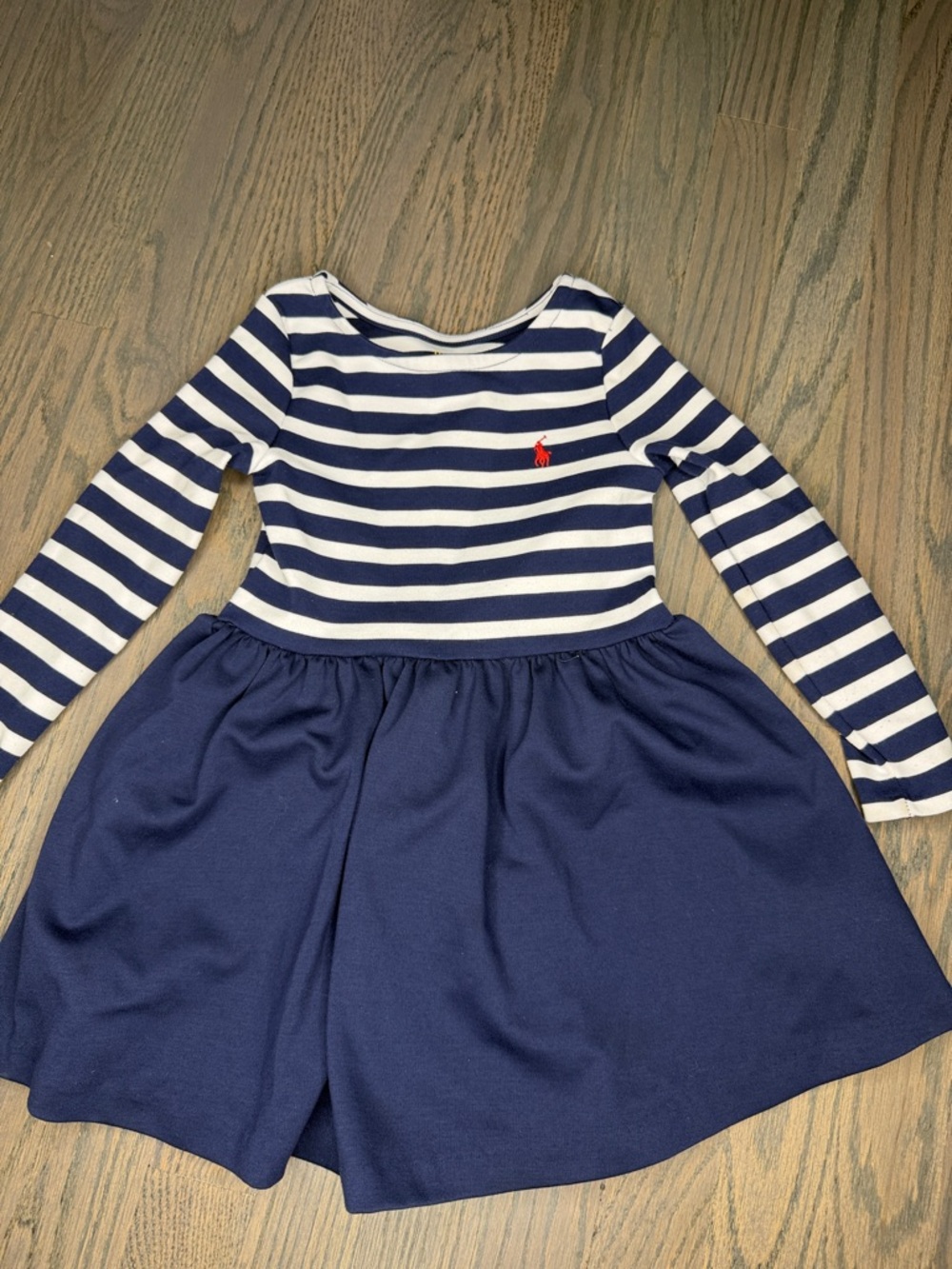 Ralph Lauren Navy & White Striped Long-Sleeve Fit-and-Flare Dress with Red Pony